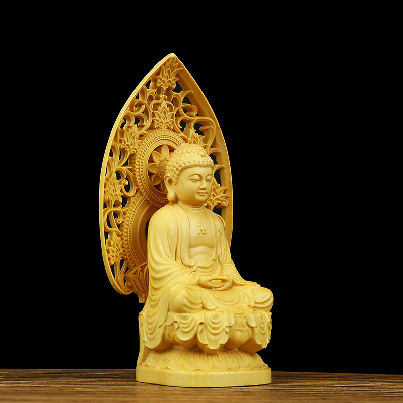 Buddha Feng Shui Carving Crafts Worship Sakyamuni Buddha Buddha Solid Wood Buddha Statue Small Ornaments