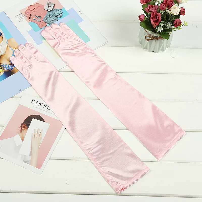 Factory Direct Sales Lengthened Korean Style Thin Type Sunscreen Stretch Satin Bridal Wedding Ceremonial Ball Clothing Accessories Gloves