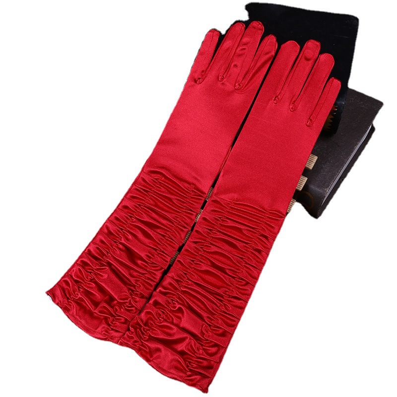 Factory Wholesale Satin Pleated Wedding Gloves Sun Protection Etiquette Gloves Perform Dance Gloves Wedding Bridal Gloves