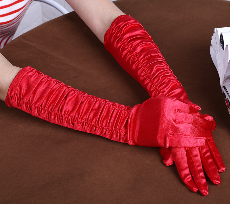 Factory Wholesale Satin Pleated Wedding Gloves Sun Protection Etiquette Gloves Perform Dance Gloves Wedding Bridal Gloves
