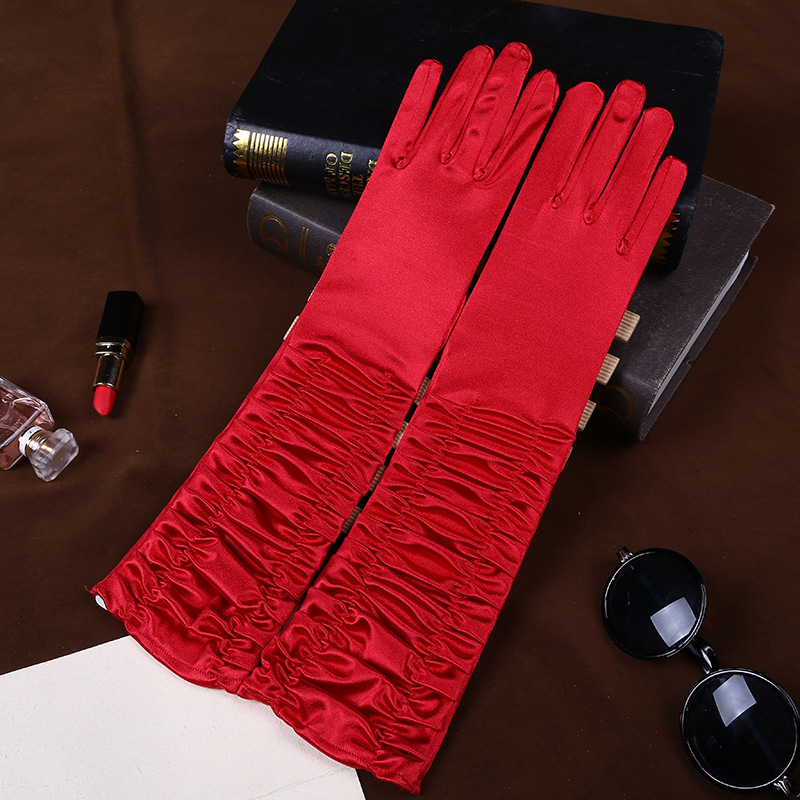 Factory Wholesale Satin Pleated Wedding Gloves Sun Protection Etiquette Gloves Perform Dance Gloves Wedding Bridal Gloves