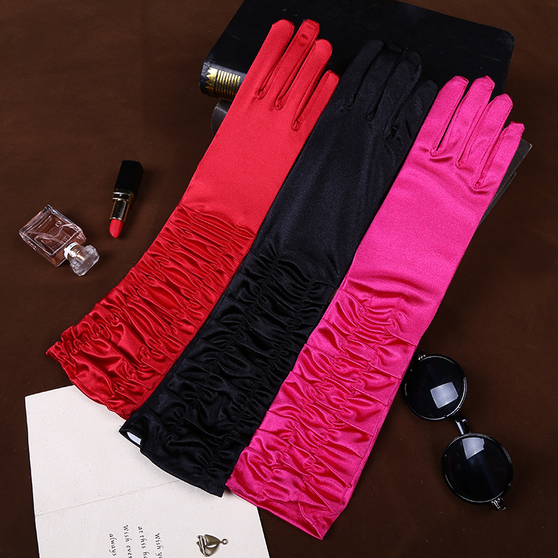 Factory Wholesale Satin Pleated Wedding Gloves Sun Protection Etiquette Gloves Perform Dance Gloves Wedding Bridal Gloves