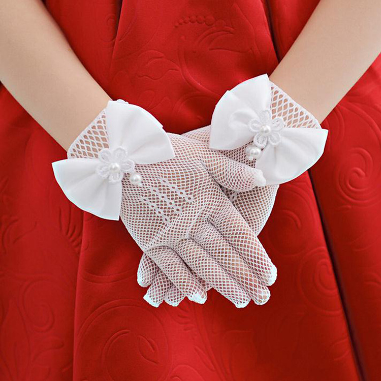 Mesh Bow Dress for Girls White Gloves Wedding Dress Flower Girl White Gloves Thin Princess Children Gloves Wholesale