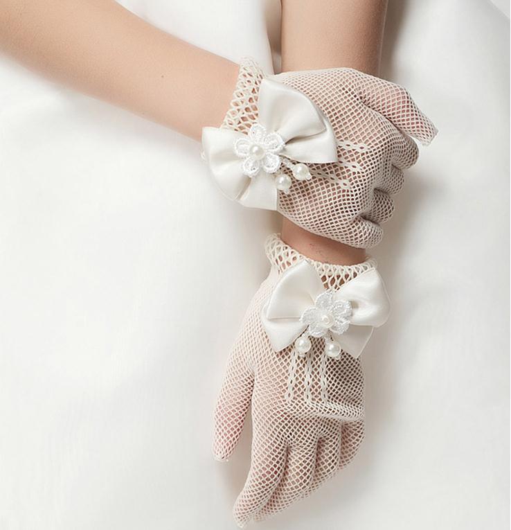 Mesh Bow Dress for Girls White Gloves Wedding Dress Flower Girl White Gloves Thin Princess Children Gloves Wholesale