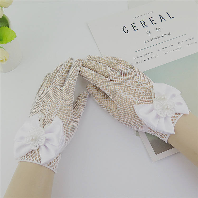 Mesh Bow Dress for Girls White Gloves Wedding Dress Flower Girl White Gloves Thin Princess Children Gloves Wholesale