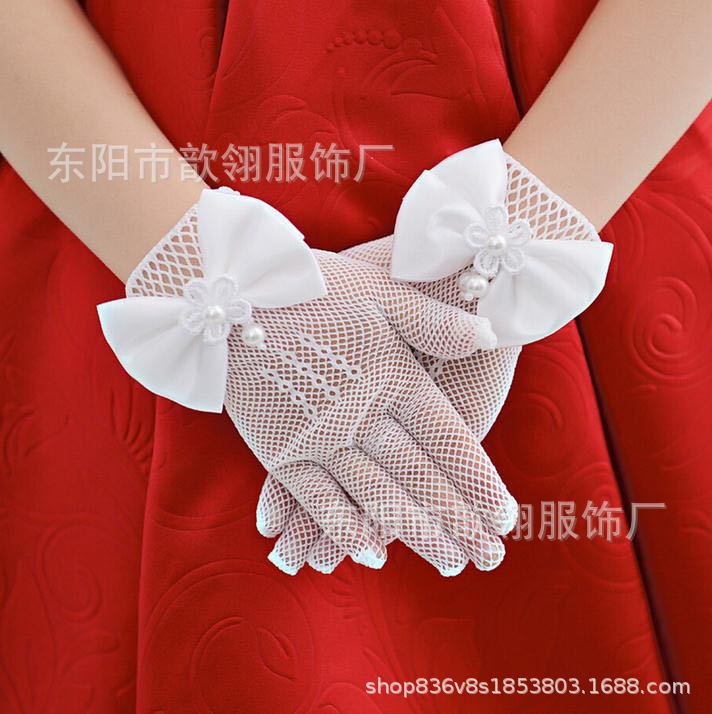 Children&#039;s Wedding Dress Princess Mesh Etiquette Bow Gloves Elastic Flower Girl Wedding White Gloves Self-Produced
