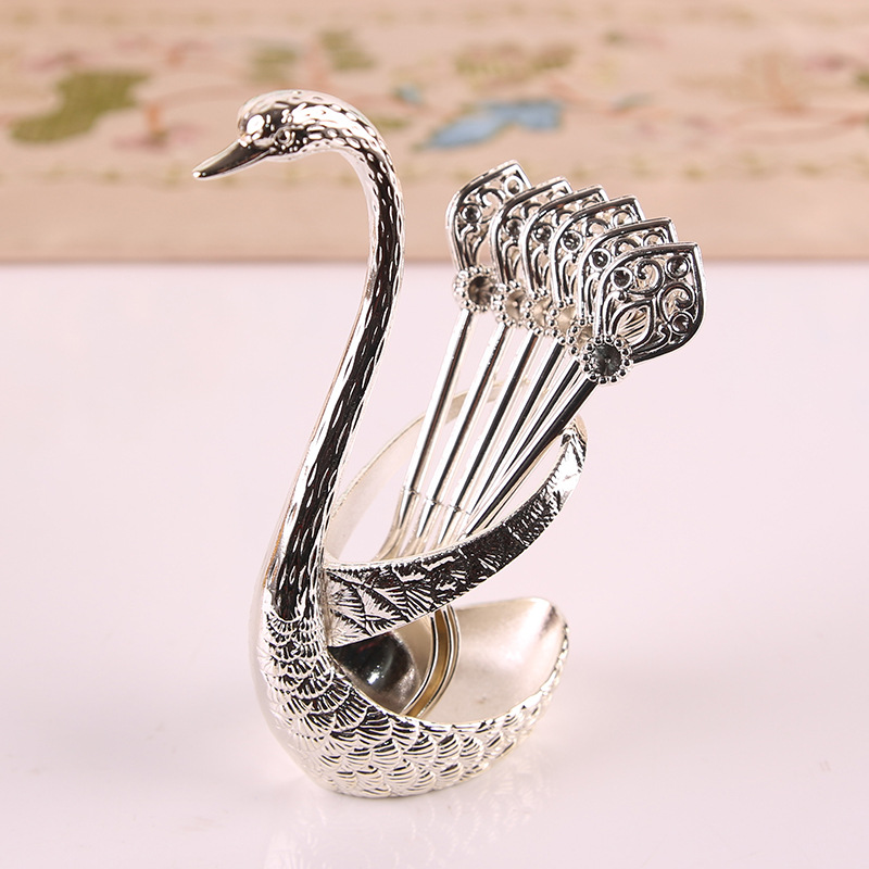 Factory in Stock Swan Fruit Fork Storage Kitchen Fashion Creative Metal Craft Tableware Silver Swan Spoon Kit