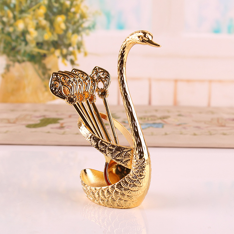 Factory in Stock Swan Fruit Fork Storage Kitchen Fashion Creative Metal Craft Tableware Silver Swan Spoon Kit