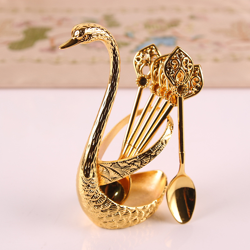 Factory in Stock Swan Fruit Fork Storage Kitchen Fashion Creative Metal Craft Tableware Silver Swan Spoon Kit