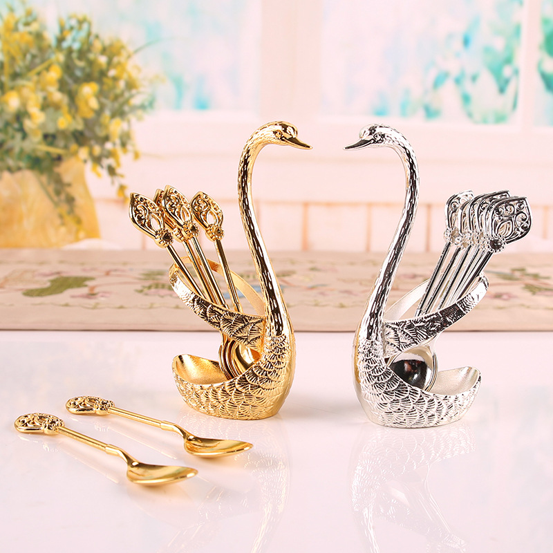 Factory in Stock Swan Fruit Fork Storage Kitchen Fashion Creative Metal Craft Tableware Silver Swan Spoon Kit