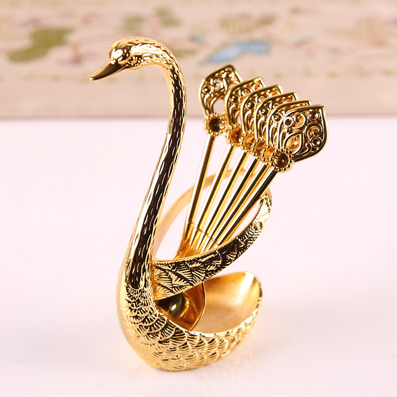 Factory in Stock Swan Fruit Fork Storage Kitchen Fashion Creative Metal Craft Tableware Silver Swan Spoon Kit