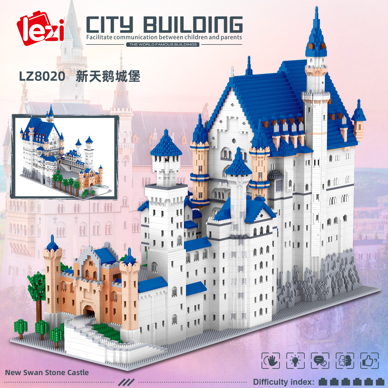 Fun Lz8020 New Swan Castle High Difficulty Miniature Diamond Particles Adult Assembling and Combined Building Blocks