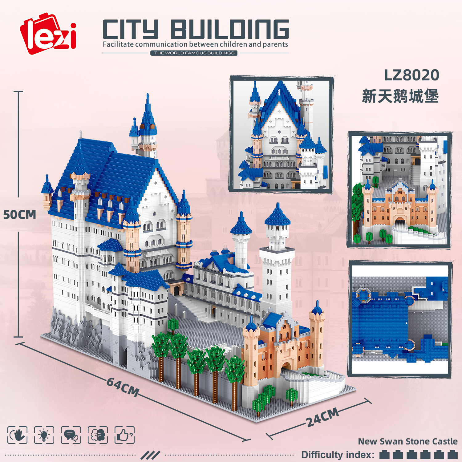 Fun Lz8020 New Swan Castle High Difficulty Miniature Diamond Particles Adult Assembling and Combined Building Blocks