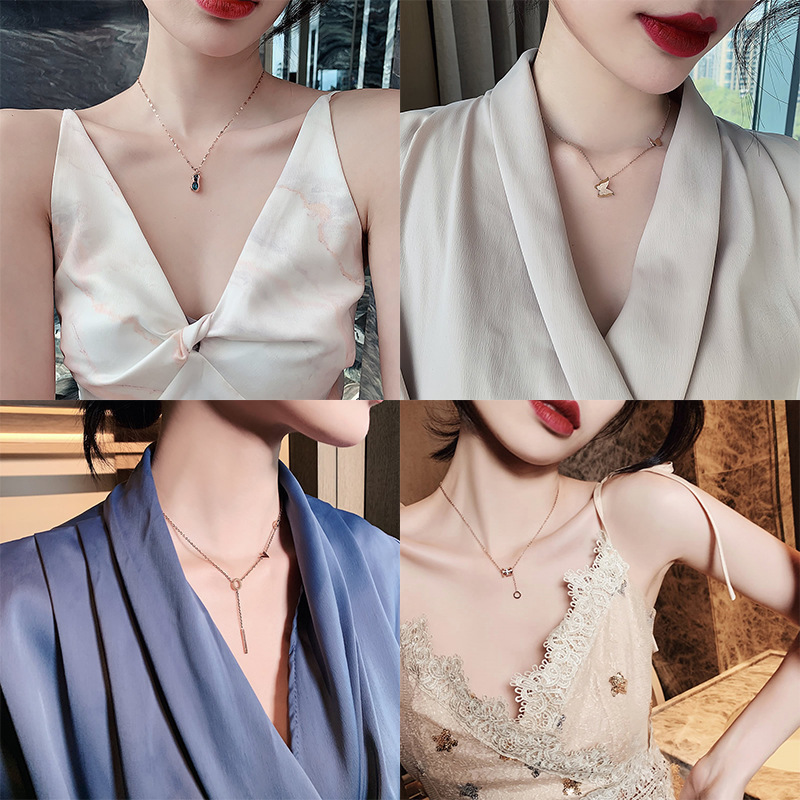 Luxury Simple 18K Rose Gold Titanium Steel Necklace Female Clavicle Chain Non-Fading Swan Clover Ornament Luxury Simple 18K Rose Gold Titanium Steel Necklace Female Clavicle Chain Non-Fading Swan Clover Ornament