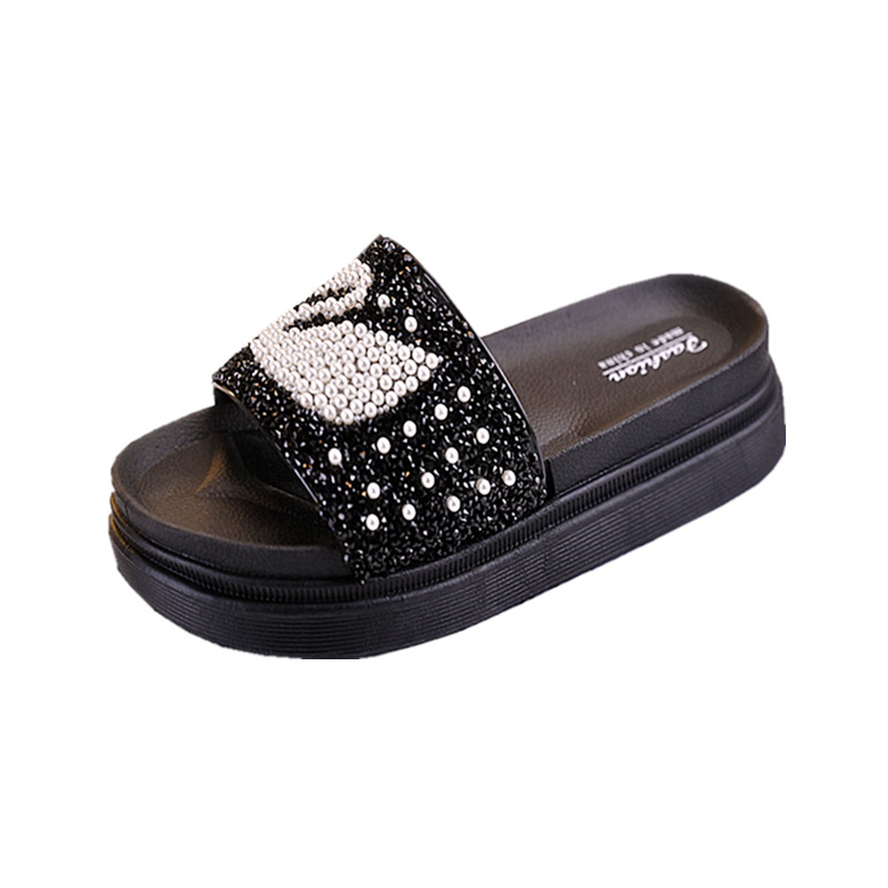 2021 New Women&#039;s Summer Fashion Outerwear Home Thick-Soled Flip-Flops Pearl Swan Sandals Beach