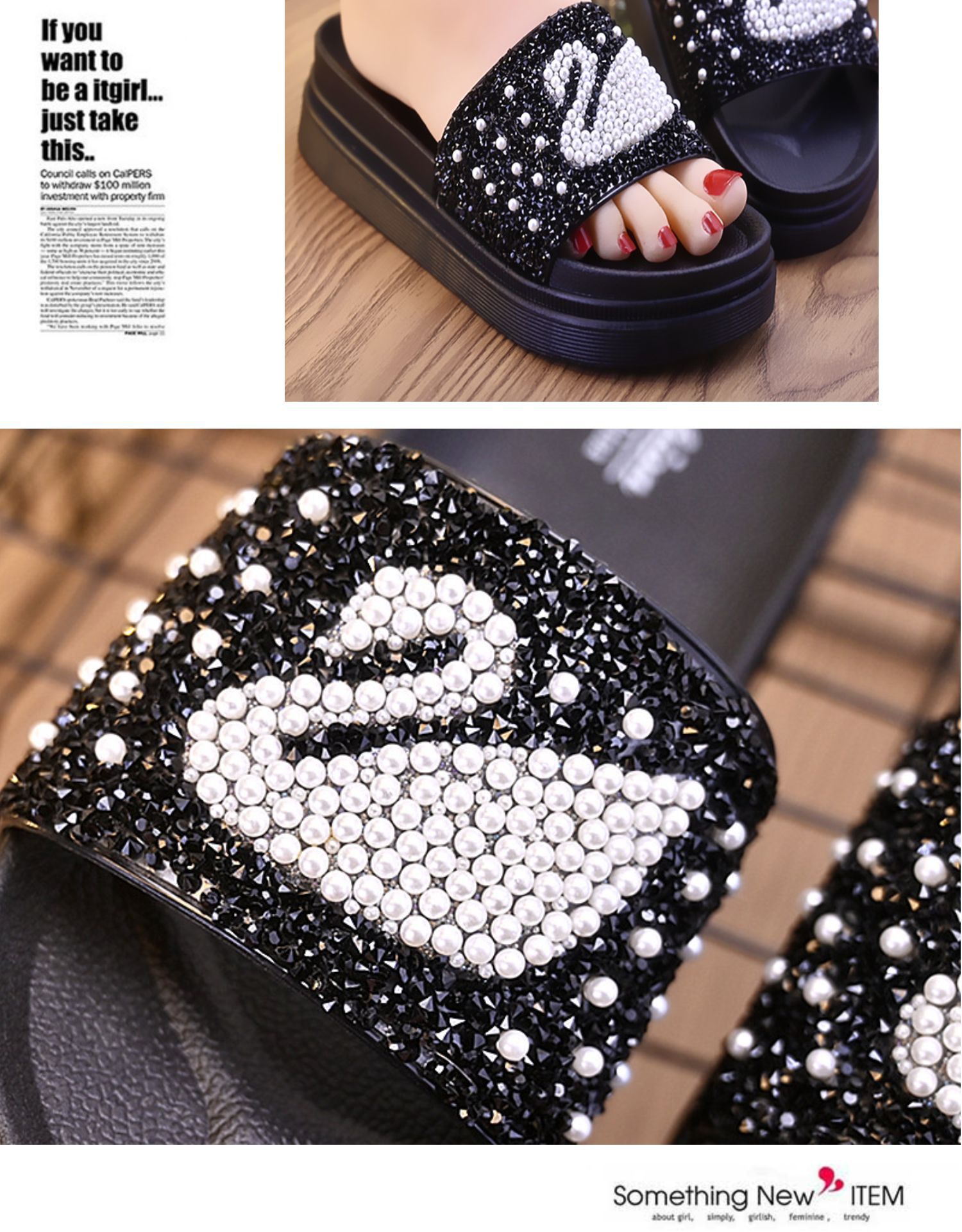 2021 New Women's Summer Fashion Outerwear Home Thick-Soled Flip-Flops Pearl Swan Sandals Beach 2021 New Women's Summer Fashion Outerwear Home Thick-Soled Flip-Flops Pearl Swan Sandals Beach