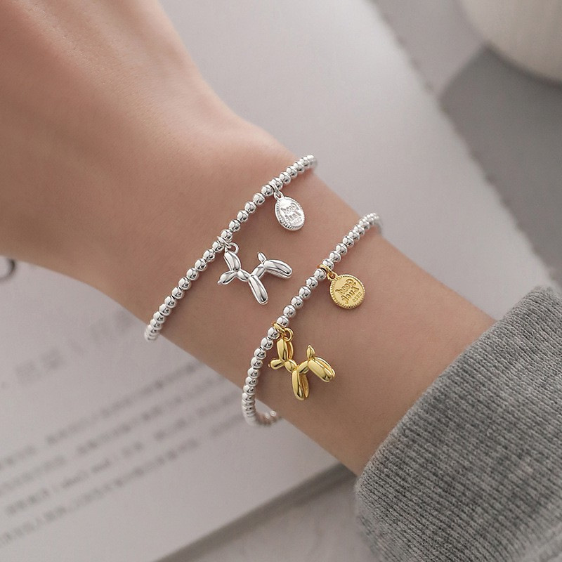 Korean Style S925 Silver round Beads Bracelet Female Retro Fashion and Personalized Balloon Dog round Brand Letter Bracelet Hip Hop Jewelry Fashion