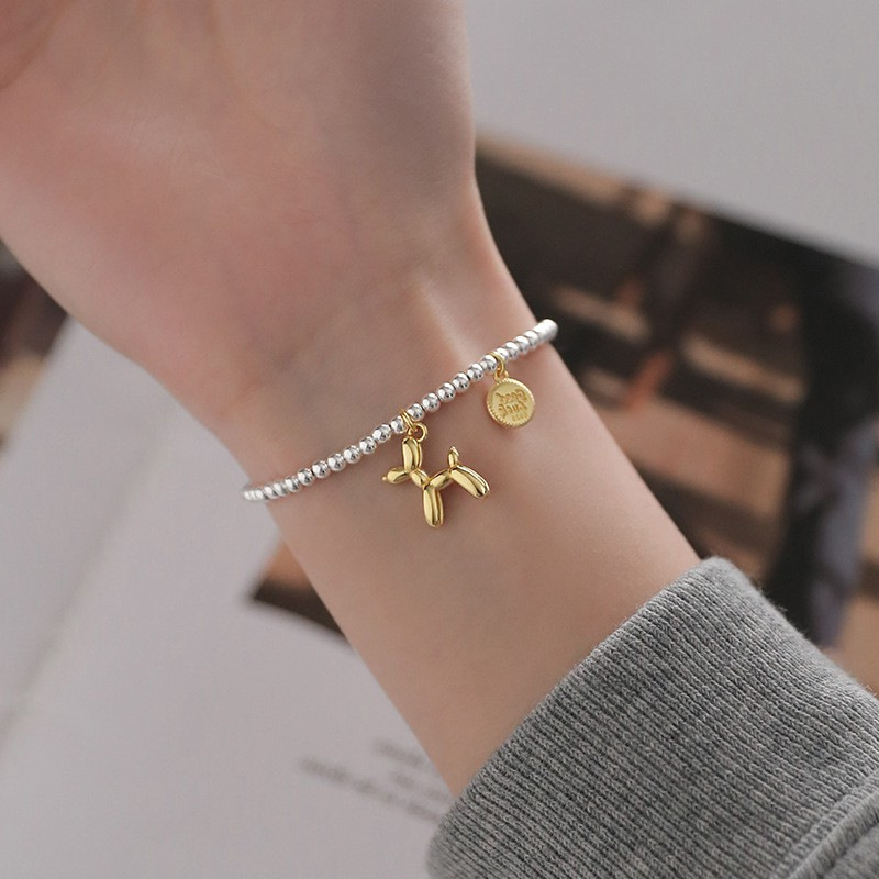 Korean Style S925 Silver round Beads Bracelet Female Retro Fashion and Personalized Balloon Dog round Brand Letter Bracelet Hip Hop Jewelry Fashion