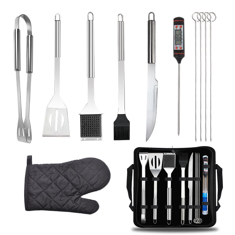 Barbecue Tools 11-Piece Set Aviation Grill with Thermometer Heat Insulation Gloves BBQ Grill Combination Cloth Bag