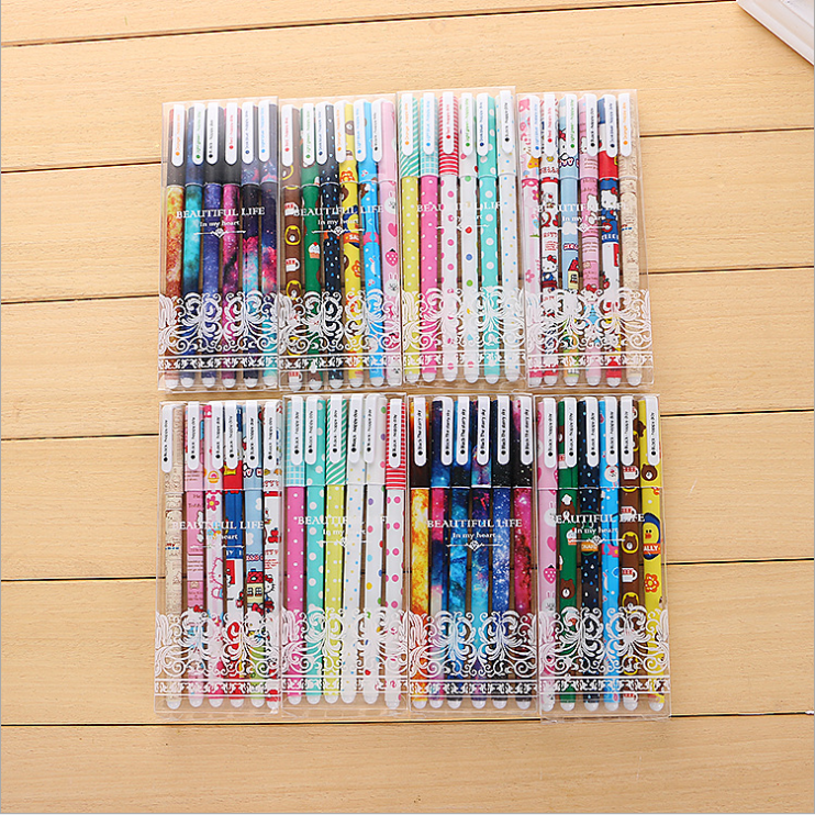 Korean Stationery Cute Cartoon Black Gel Ink Pen Creative Fresh 6 Color Gel Pen Color Pencil Factory Wholesale