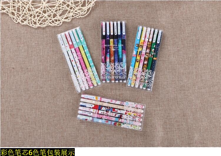 Korean Stationery Cute Cartoon Black Gel Ink Pen Creative Fresh 6 Color Gel Pen Color Pencil Factory Wholesale