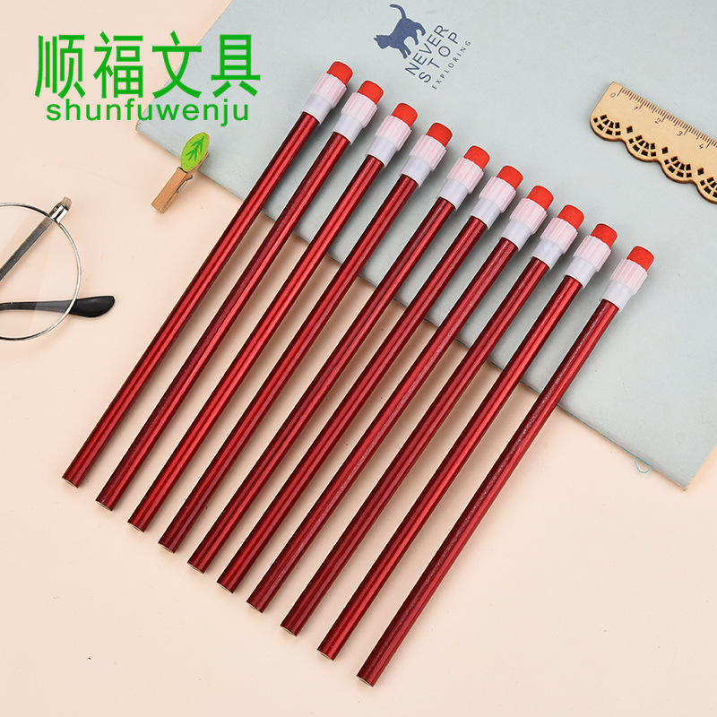 Shunfu New High-End Children Student Writing Pure Red round Brush Pot Big Leather Tip HB Pencil Wholesale Factory Direct Sales