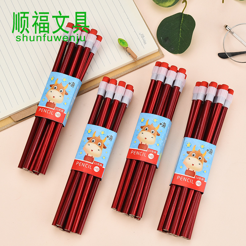 Shunfu New High-End Children Student Writing Pure Red round Brush Pot Big Leather Tip HB Pencil Wholesale Factory Direct Sales