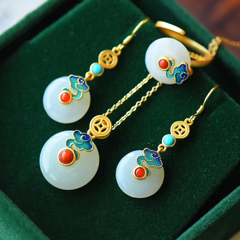 Ancient Heritage Enamel Color Auspicious Cloud Inlaid Imitation Hetian Jade Safety Buckle Earrings/Pendant/Ring Retro Set
