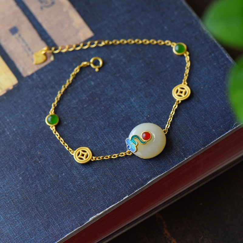 Ancient Heritage Enamel Color Auspicious Cloud Inlaid Imitation Hetian Jade Safety Buckle Earrings/Pendant/Ring Retro Set