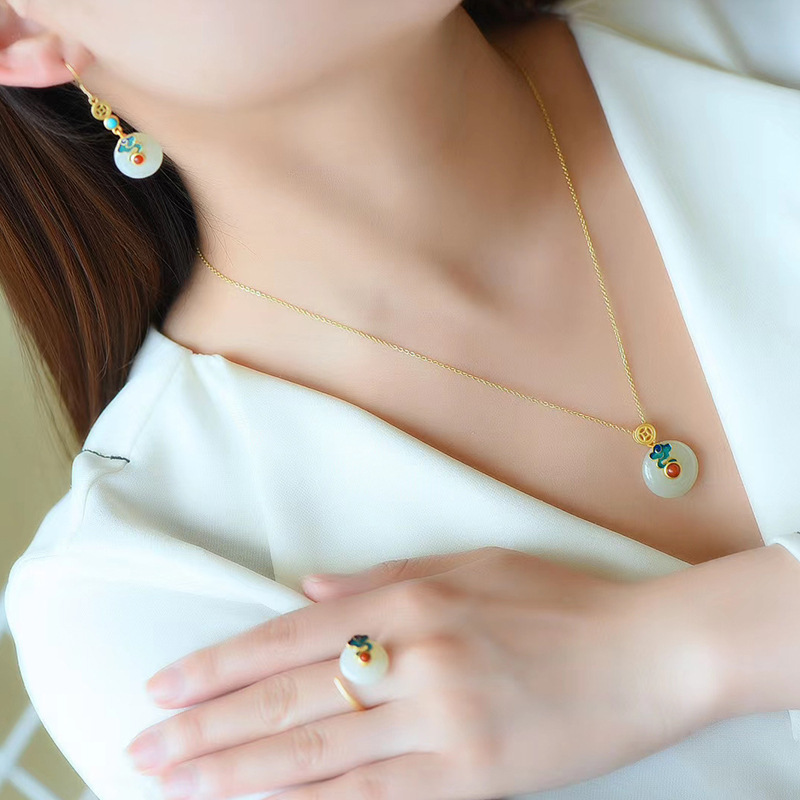 Ancient Heritage Enamel Color Auspicious Cloud Inlaid Imitation Hetian Jade Safety Buckle Earrings/Pendant/Ring Retro Set