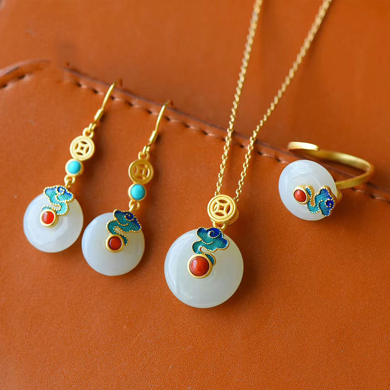 Ancient Heritage Enamel Color Auspicious Cloud Inlaid Imitation Hetian Jade Safety Buckle Earrings/Pendant/Ring Retro Set