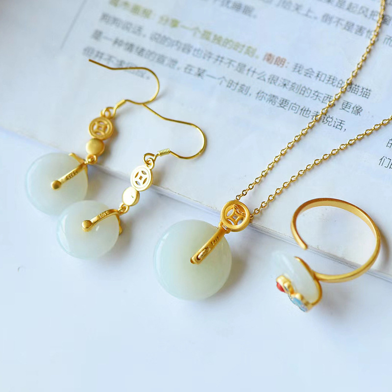 Ancient Heritage Enamel Color Auspicious Cloud Inlaid Imitation Hetian Jade Safety Buckle Earrings/Pendant/Ring Retro Set