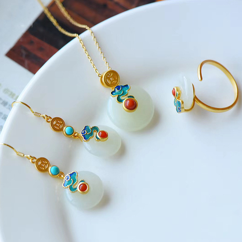 Ancient Heritage Enamel Color Auspicious Cloud Inlaid Imitation Hetian Jade Safety Buckle Earrings/Pendant/Ring Retro Set