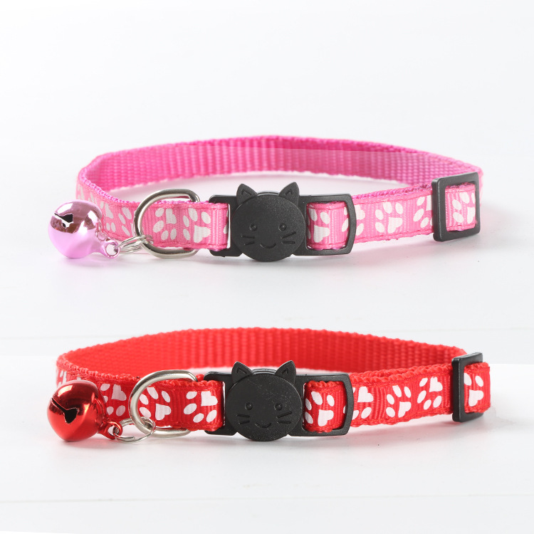 Factory Direct Supply Pet Supplies Printing Footprints Ribbon Safety Buckle Cat Head Release Buckle Collar Color Bell Collar