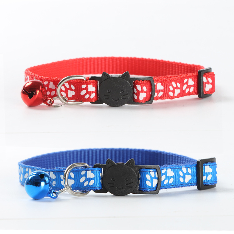 Factory Direct Supply Pet Supplies Printing Footprints Ribbon Safety Buckle Cat Head Release Buckle Collar Color Bell Collar