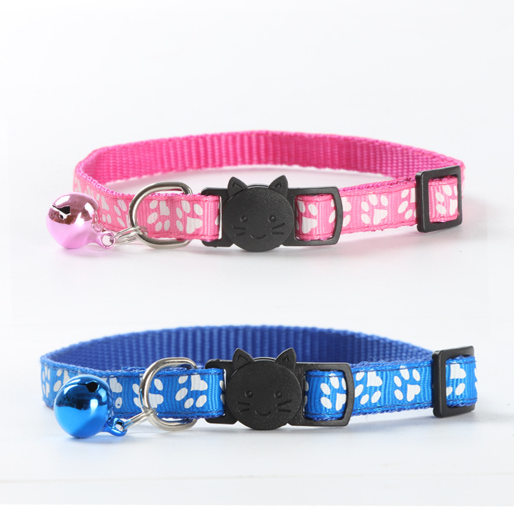 Factory Direct Supply Pet Supplies Printing Footprints Ribbon Safety Buckle Cat Head Release Buckle Collar Color Bell Collar