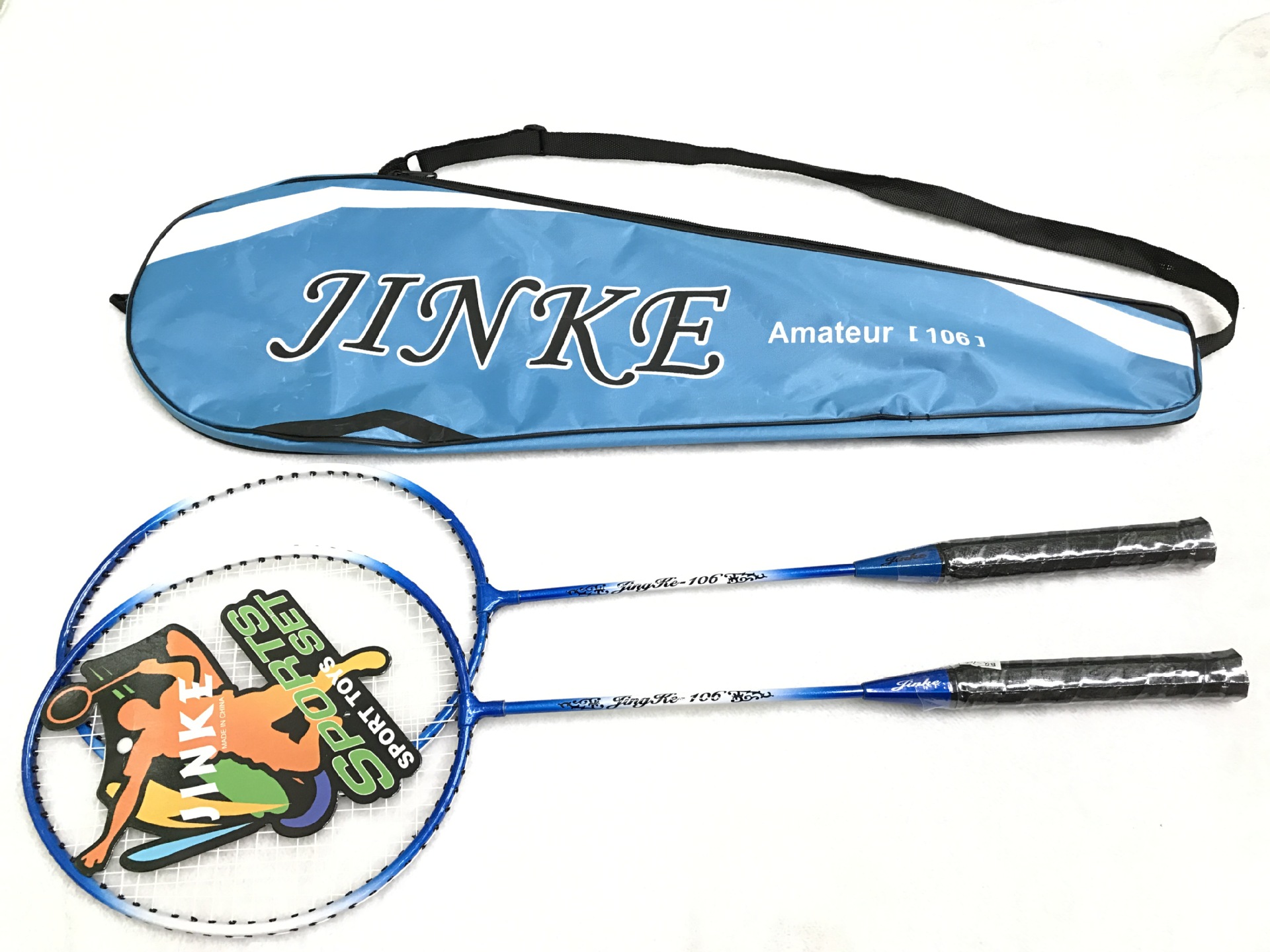 The factory direct selling JINKE-302 badminton rackets 2 pieces to take super light alloy competition training. The factory direct selling JINKE-302 badminton rackets 2 pieces to take super light alloy competition training.