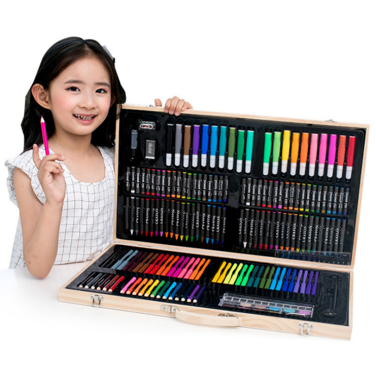 Children&#039;s Day 180 Wooden Box Brush Set Watercolor Pen Gift Box Painting Supplies Office Wax Crayon Oil Pastels