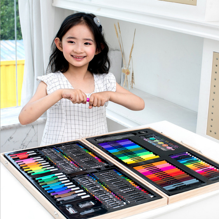Children&#039;s Day 180 Wooden Box Brush Set Watercolor Pen Gift Box Painting Supplies Office Wax Crayon Oil Pastels