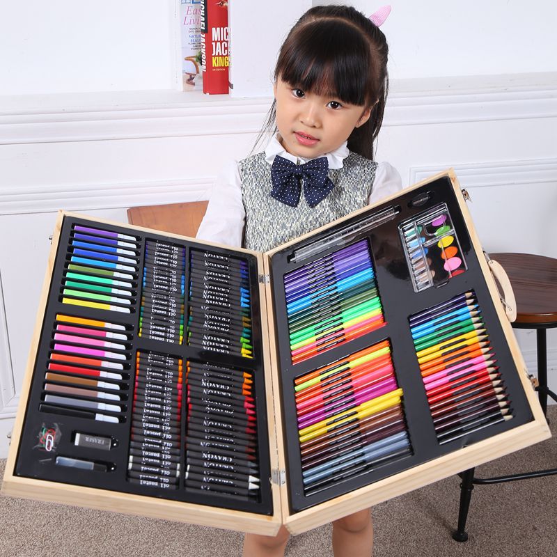 Children&#039;s Day 180 Wooden Box Brush Set Watercolor Pen Gift Box Painting Supplies Office Wax Crayon Oil Pastels