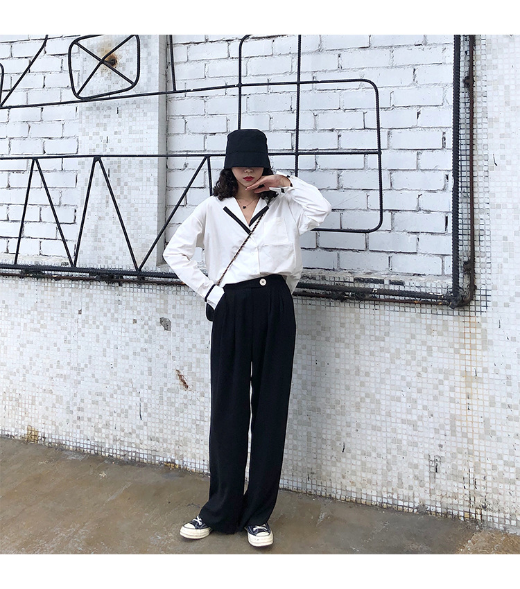 Autumn OL wind shirt black and white simple blouse female black and white Mosaic loose version off rotator cuff shirt female Autumn OL wind shirt black and white simple blouse female black and white Mosaic loose version off rotator cuff shirt female