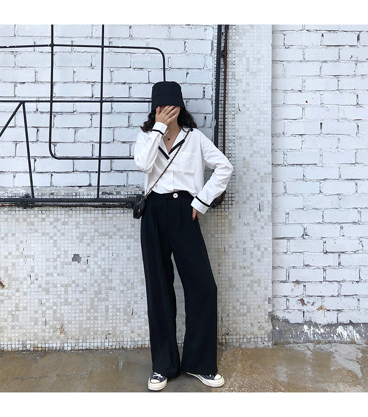 Autumn OL wind shirt black and white simple blouse female black and white Mosaic loose version off rotator cuff shirt female Autumn OL wind shirt black and white simple blouse female black and white Mosaic loose version off rotator cuff shirt female