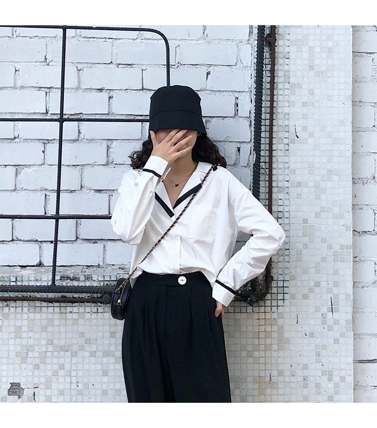 Autumn OL wind shirt black and white simple blouse female black and white Mosaic loose version off rotator cuff shirt female Autumn OL wind shirt black and white simple blouse female black and white Mosaic loose version off rotator cuff shirt female