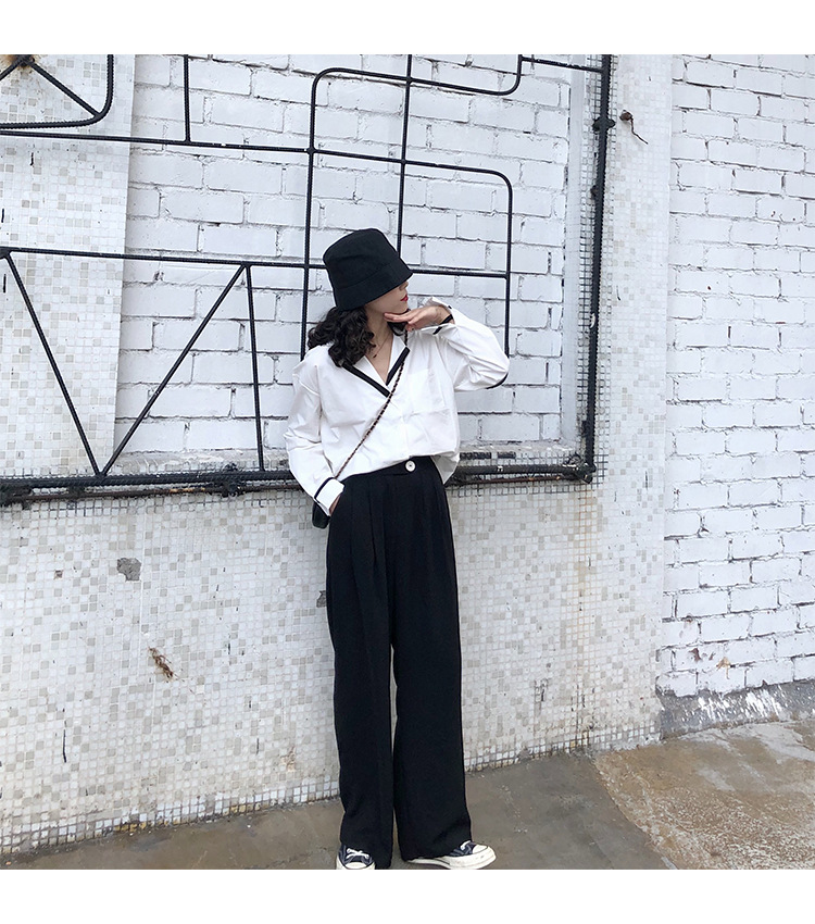Autumn OL wind shirt black and white simple blouse female black and white Mosaic loose version off rotator cuff shirt female Autumn OL wind shirt black and white simple blouse female black and white Mosaic loose version off rotator cuff shirt female
