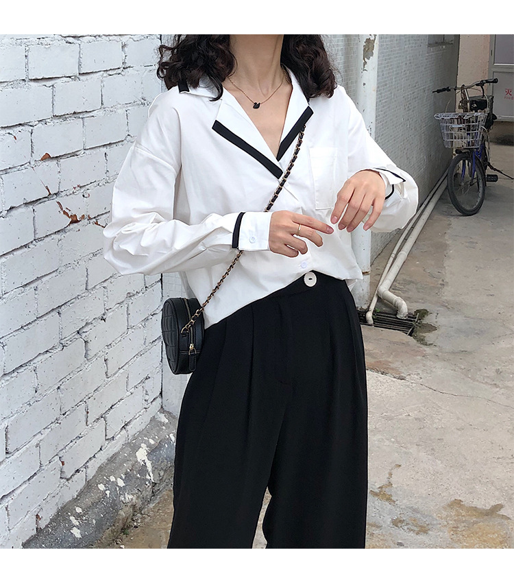 Autumn OL wind shirt black and white simple blouse female black and white Mosaic loose version off rotator cuff shirt female Autumn OL wind shirt black and white simple blouse female black and white Mosaic loose version off rotator cuff shirt female