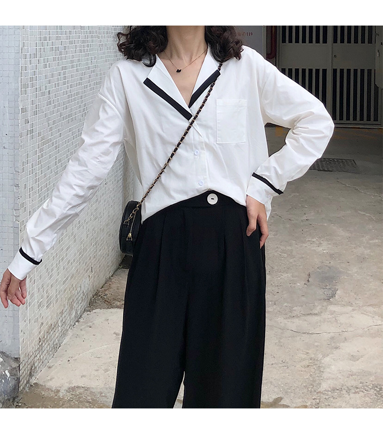 Autumn OL wind shirt black and white simple blouse female black and white Mosaic loose version off rotator cuff shirt female Autumn OL wind shirt black and white simple blouse female black and white Mosaic loose version off rotator cuff shirt female