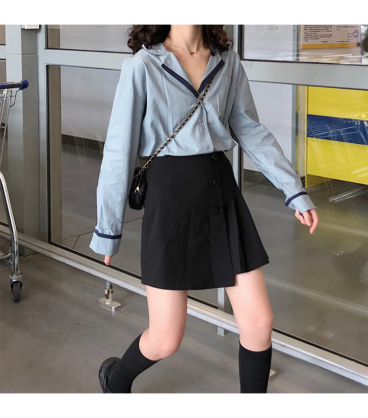 Autumn OL wind shirt black and white simple blouse female black and white Mosaic loose version off rotator cuff shirt female Autumn OL wind shirt black and white simple blouse female black and white Mosaic loose version off rotator cuff shirt female