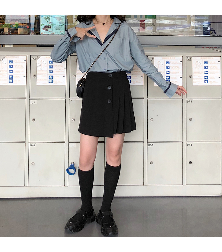 Autumn OL wind shirt black and white simple blouse female black and white Mosaic loose version off rotator cuff shirt female Autumn OL wind shirt black and white simple blouse female black and white Mosaic loose version off rotator cuff shirt female