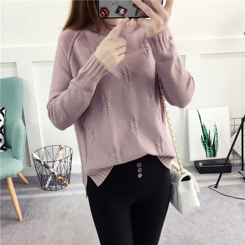Rolled edge half turtleneck sweater female pullover of autumn winter version of cuff loose short version of the bottom split sweater