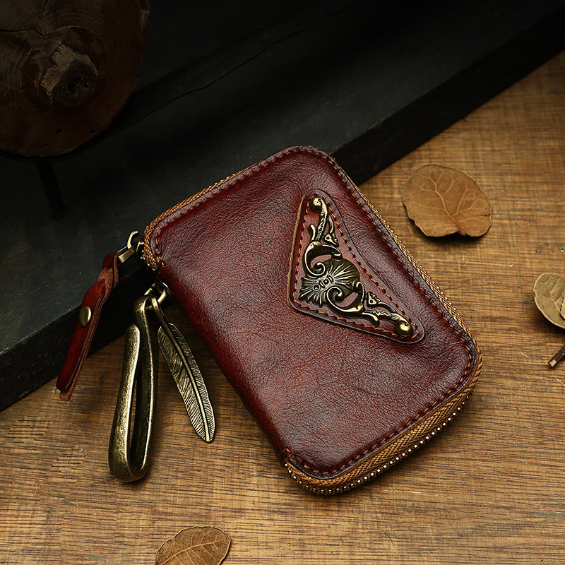 Handmade Cowhide Men&#039;s Leather Key Bag Cool Popular Brand Genuine Leather Coin Purse Card Holder Car Key Case Zipper Bag